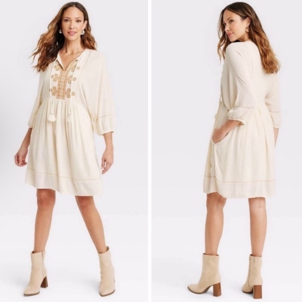 Embroidered Boho Cream Women's Dress